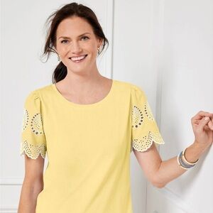 Talbots Women's Top Yellow With Eyelet short sleeve shirt XL Scalloped EUC